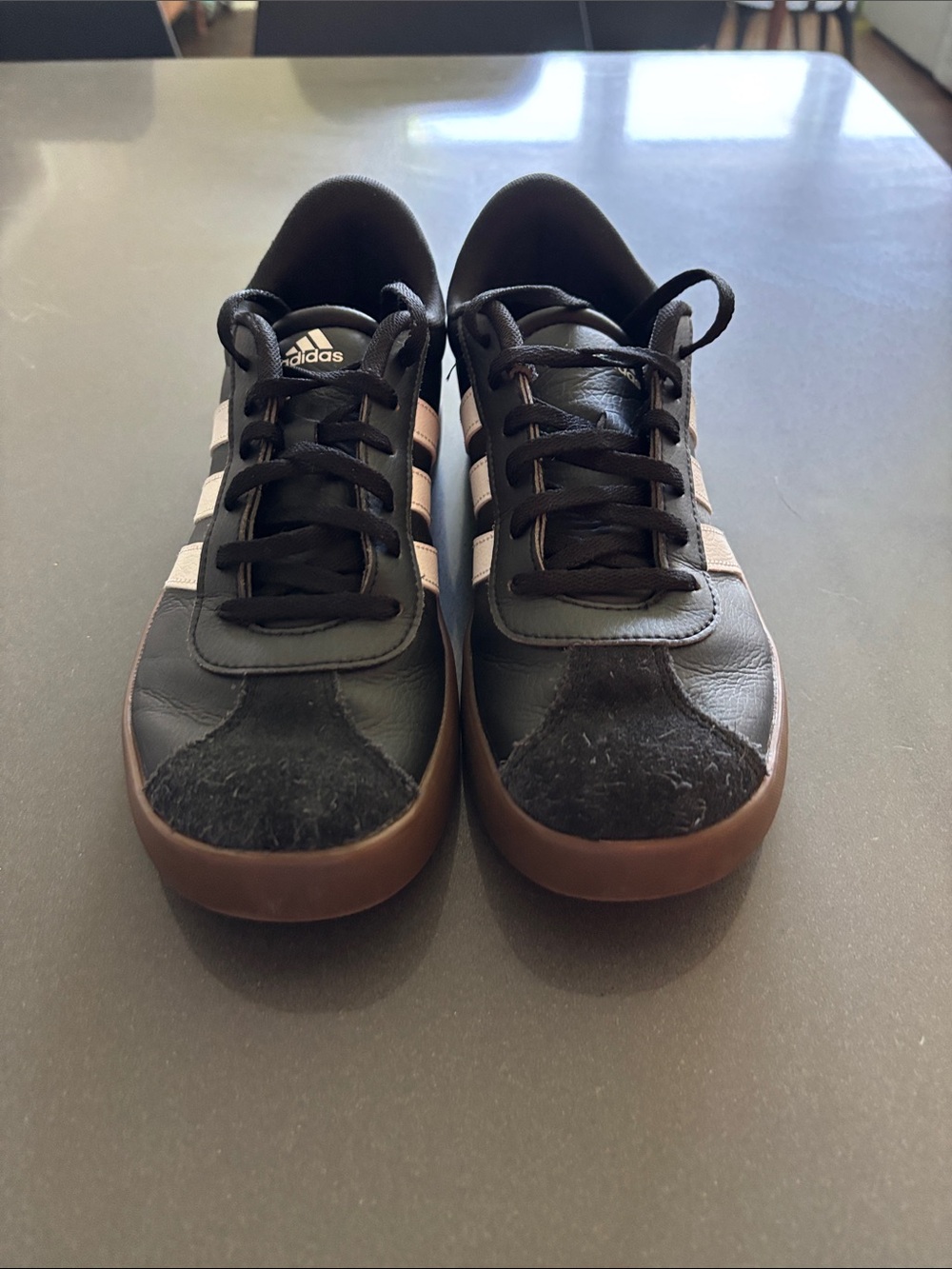 adidas Black Sneakers with White Stripes and Brown Gum Sole